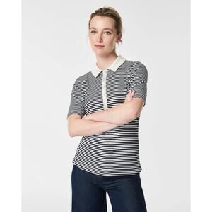 NWOT Spanx Stretch Rib Striped Polo Top XL Black White Button Collared Shirt